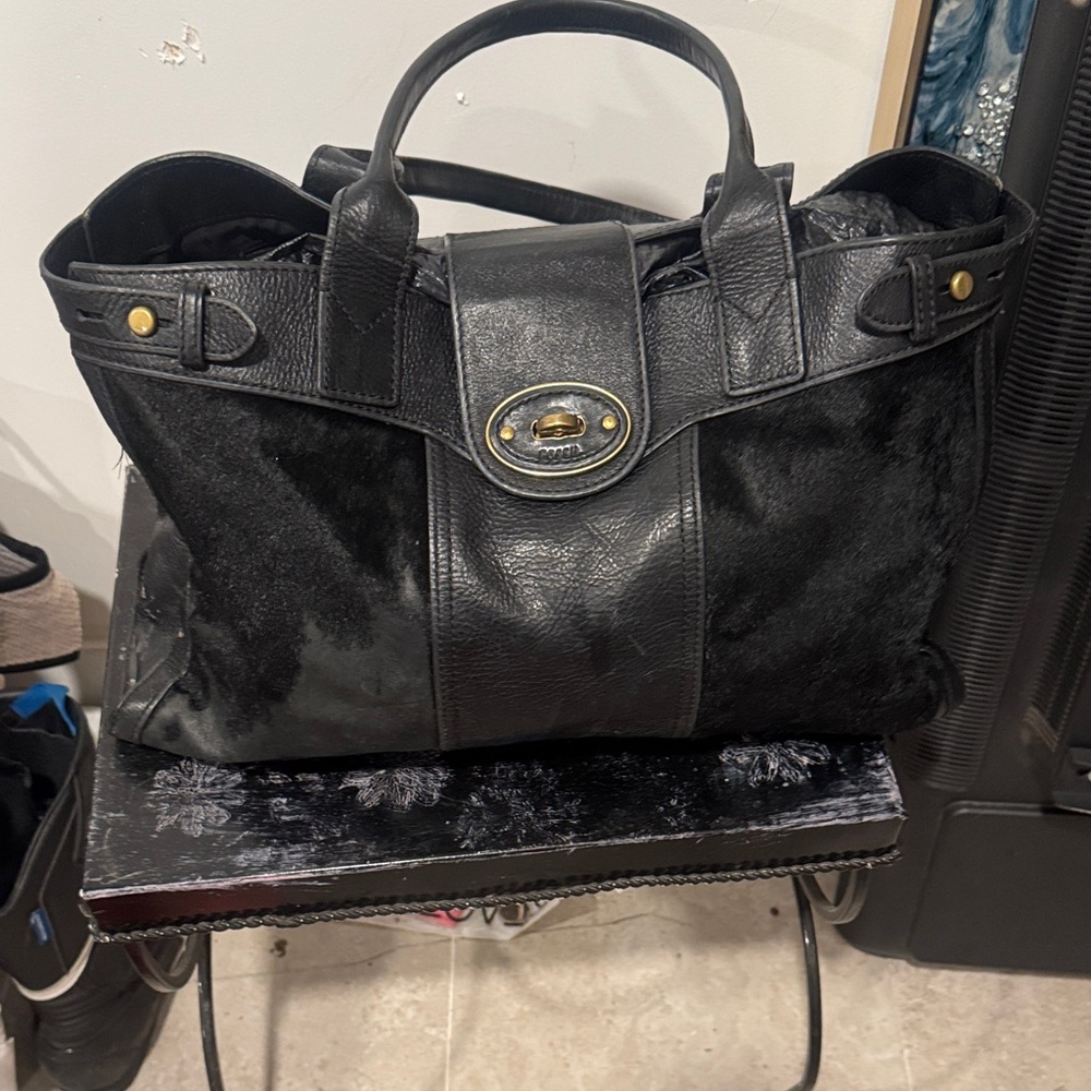 Fossil Black Leather and Suede Tote